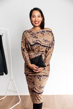 Load image into Gallery viewer, Marbled Batwing Long Sleeve Midi Dress Khaki
