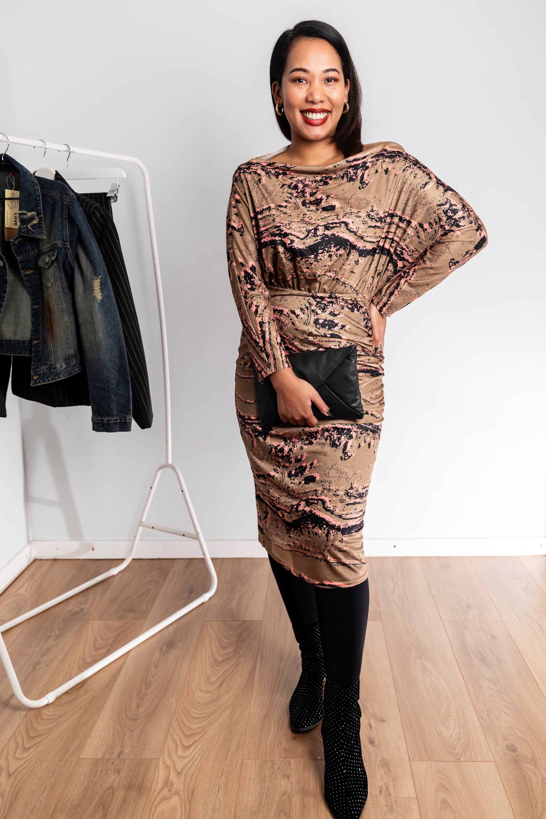 Marbled Batwing Long Sleeve Midi Dress Khaki Love Marbled Batwing Long Sleeve Midi Dress Khaki Love
