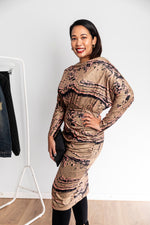 Load image into Gallery viewer, Marbled Batwing Long Sleeve Midi Dress Khaki
