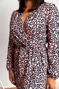 Nairobi Midi Long Sleeve Wrap Dress In Pink Leopard