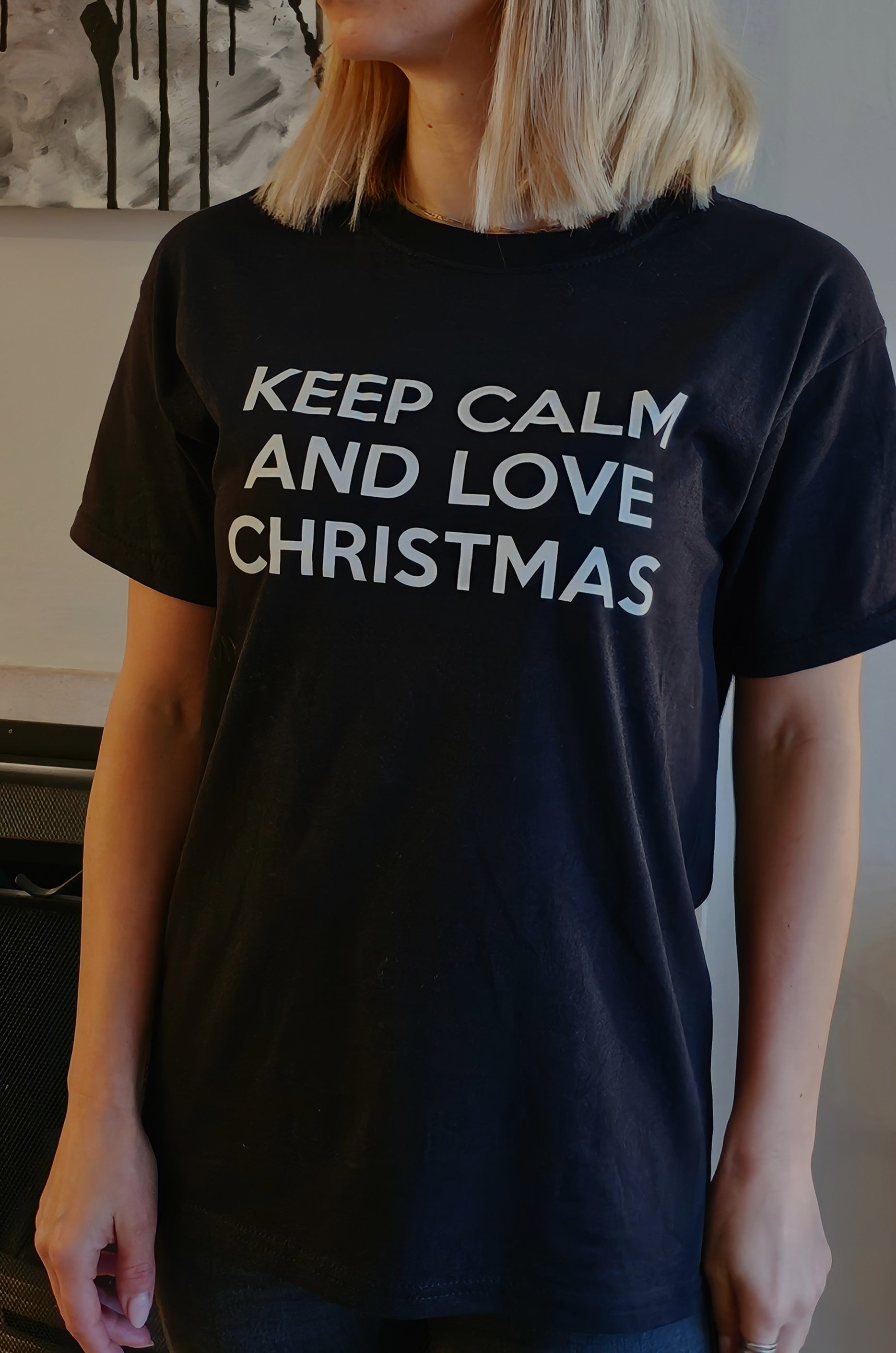 Keep Calm And Love Christmas Script Slogan Tee in Black