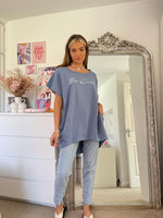 Charger l&#39;image dans la galerie, Be Kind Script Slogan Oversized Short Sleeve Sweatshirt In Dusky Blue
