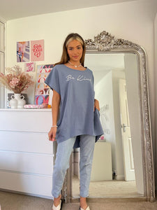 Be Kind Script Slogan Oversized Short Sleeve Sweatshirt In Dusky Blue