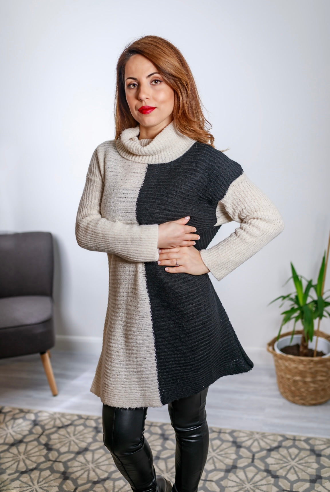Bilbao Block Knit Long Sleeve Roll Neck Dress In Black and Cream Love Bilbao Block Knit Long Sleeve Roll Neck Dress In Black and Cream Love
