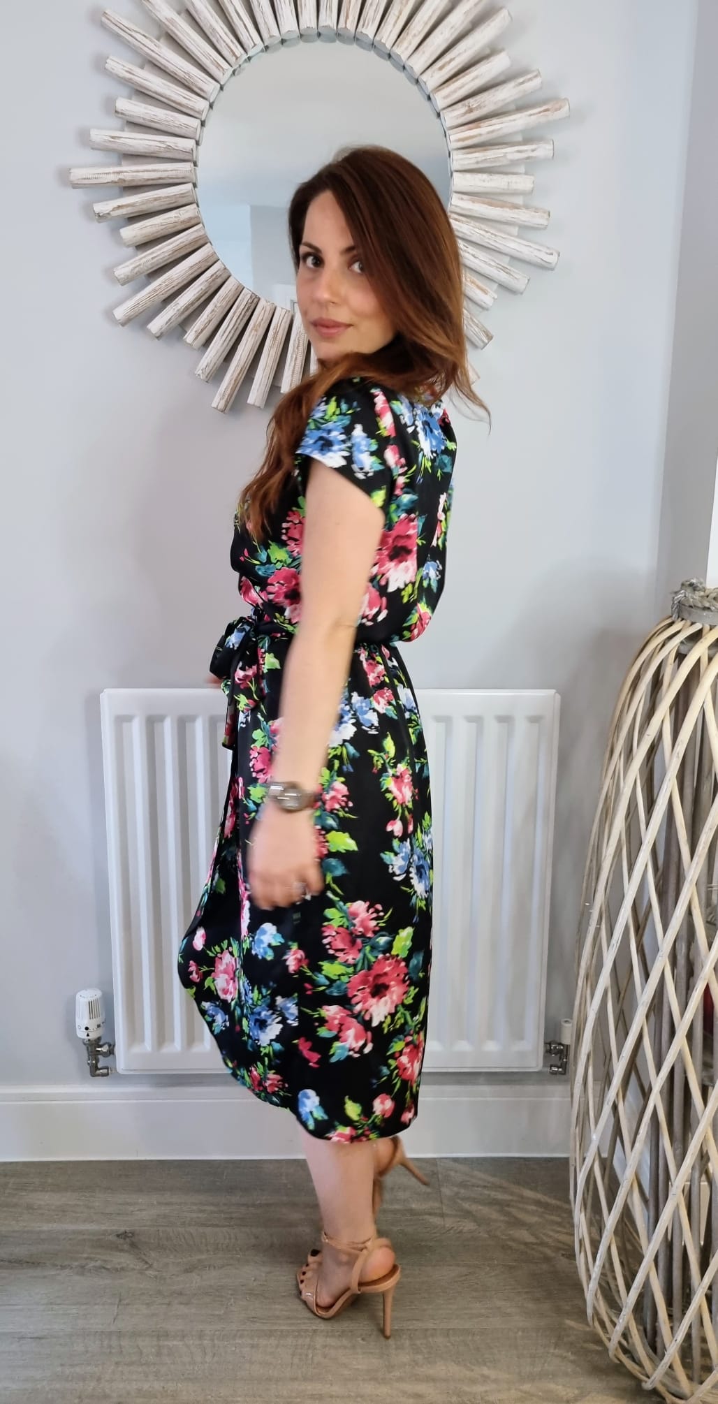 Phoenix Summer Midi Wrap Dress In Black With Pink And Blue Floral Print