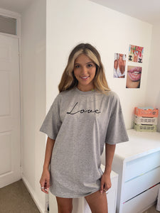 Oversized T Shirt Dress With Script Love Slogan In Grey