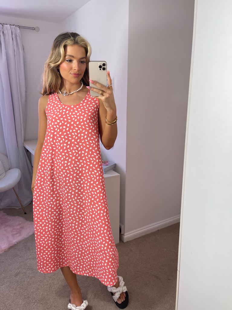 Relaxed Fit Midi Summer Dress In Coral Spot