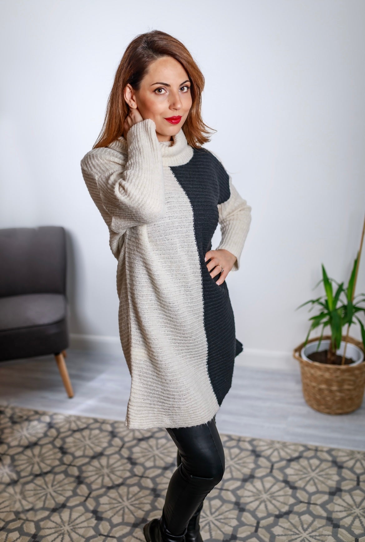 Bilbao Block Knit Long Sleeve Roll Neck Dress In Black and Cream