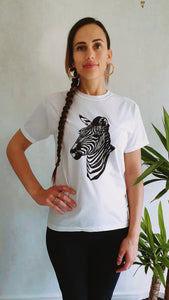 Black Glitter Zebra Animal Logo Tee In White