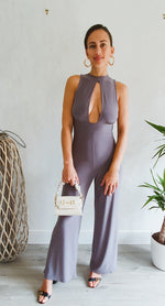 Load image into Gallery viewer, Wide Leg Keyhole Front Fleabag Jumpsuit in Grey
