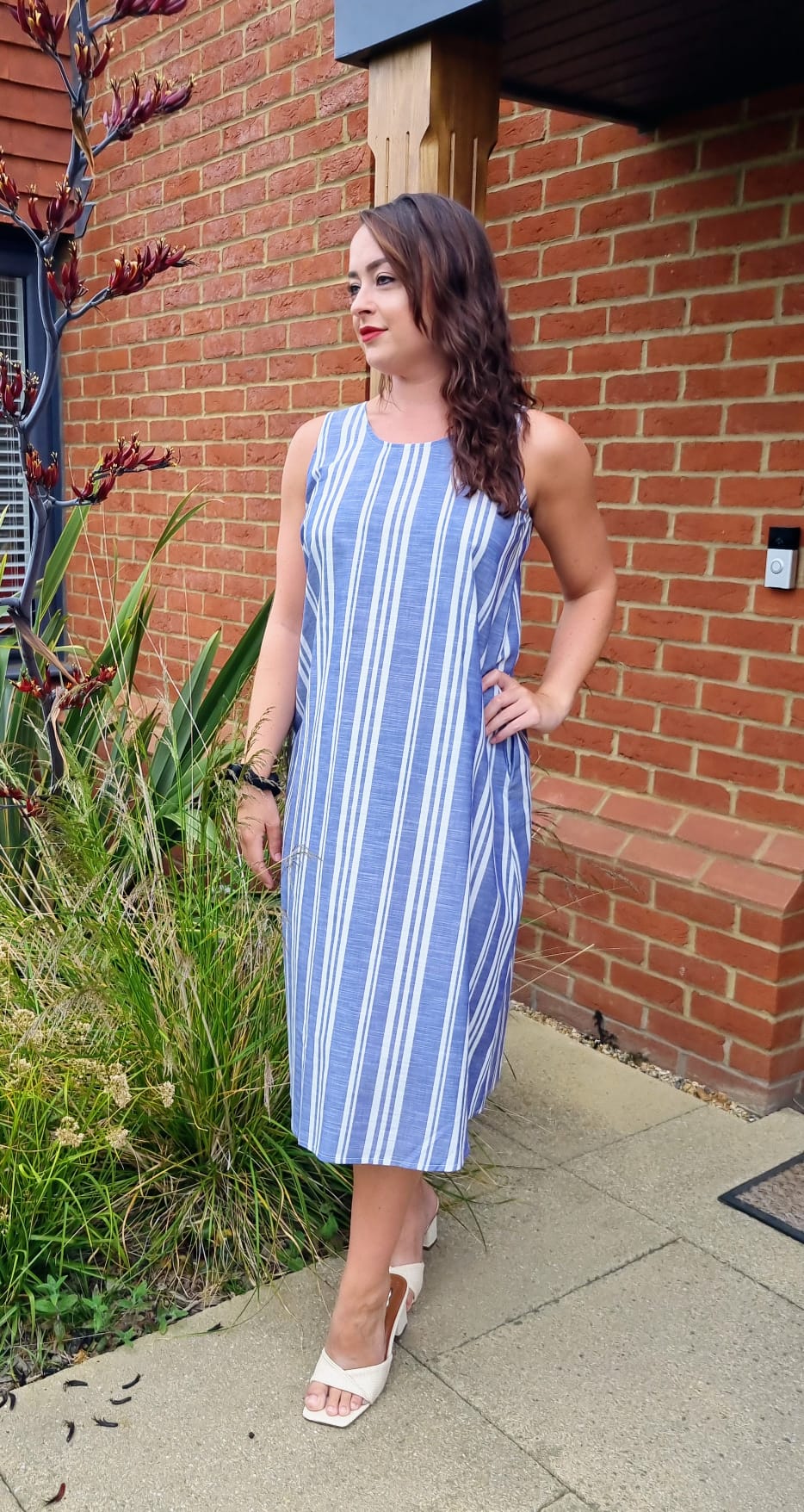 Miami Linen Midi Relaxed Fit Summer Shift Dress in White and Blue Stri Love Miami Linen Midi Relaxed Fit Summer Shift Dress in White and Blue Stri Love