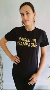 Raised On Champagne Gold Glitter Slogan Tee In Black