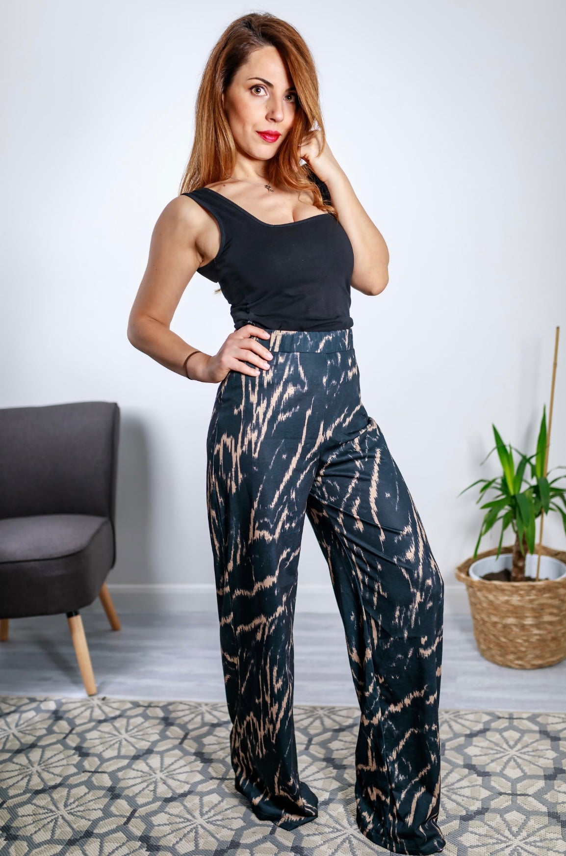 Relaxed Fit High Waist Wide Leg Loungewear Trousers In Marbled Black
