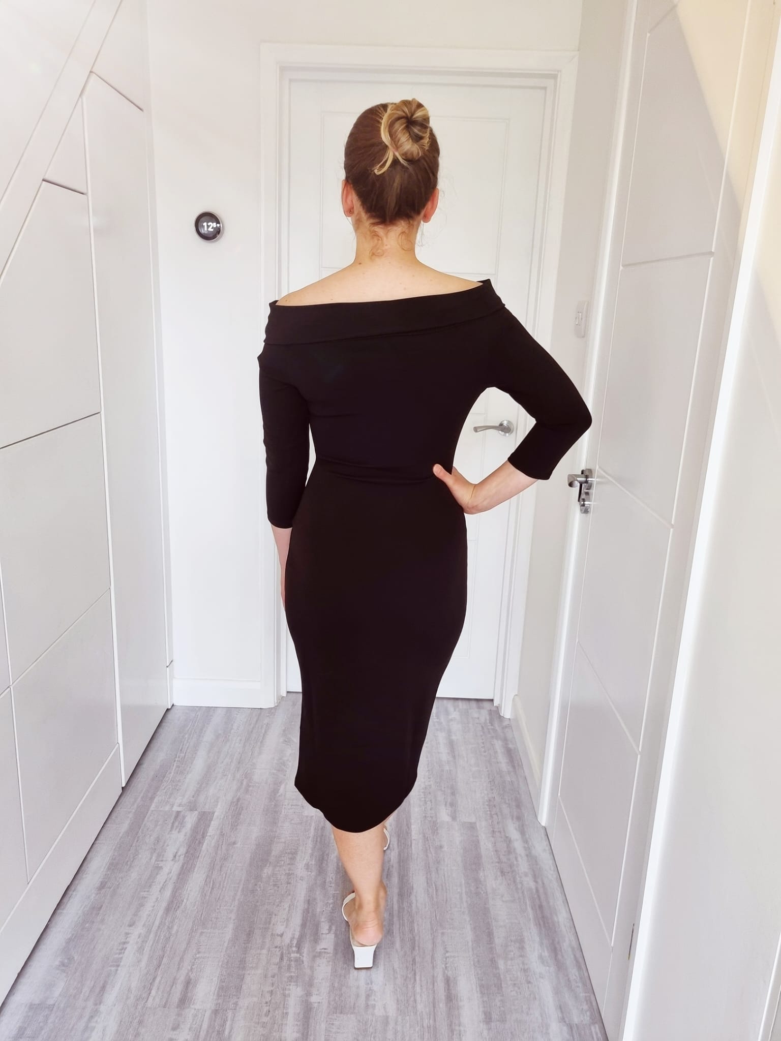 Orlando Bardot Long Sleeve Bodycon Midi Dress With Front Split In Black