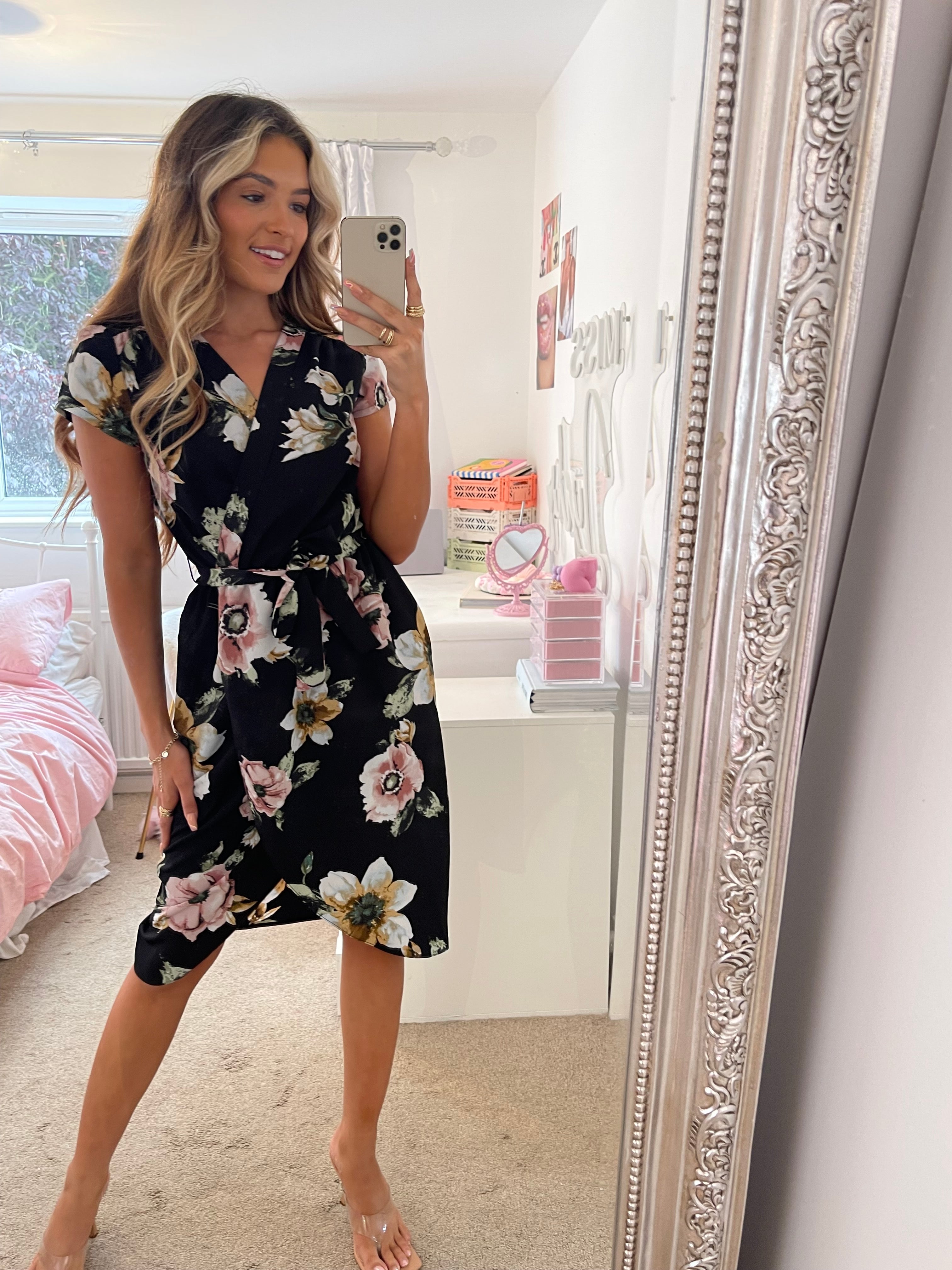 Japan Black Floral Summer Wrap Style Midi Dress