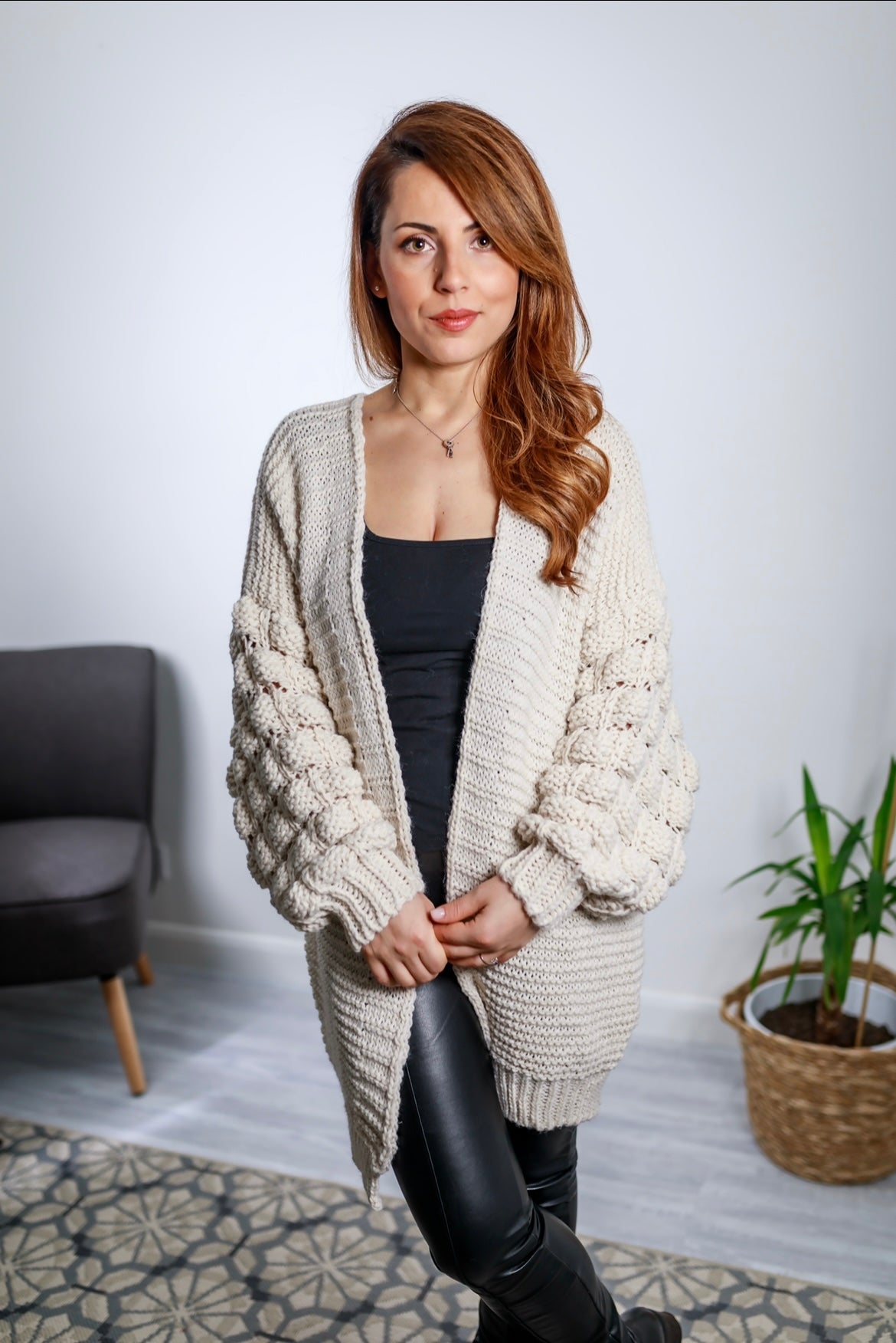Dieppe Knit Cardigan With Chunky Square Bobble Sleeve Detail In Cream