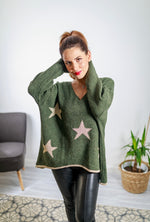 Load image into Gallery viewer, Aurora Slouch Star V Neck Knit In Khaki
