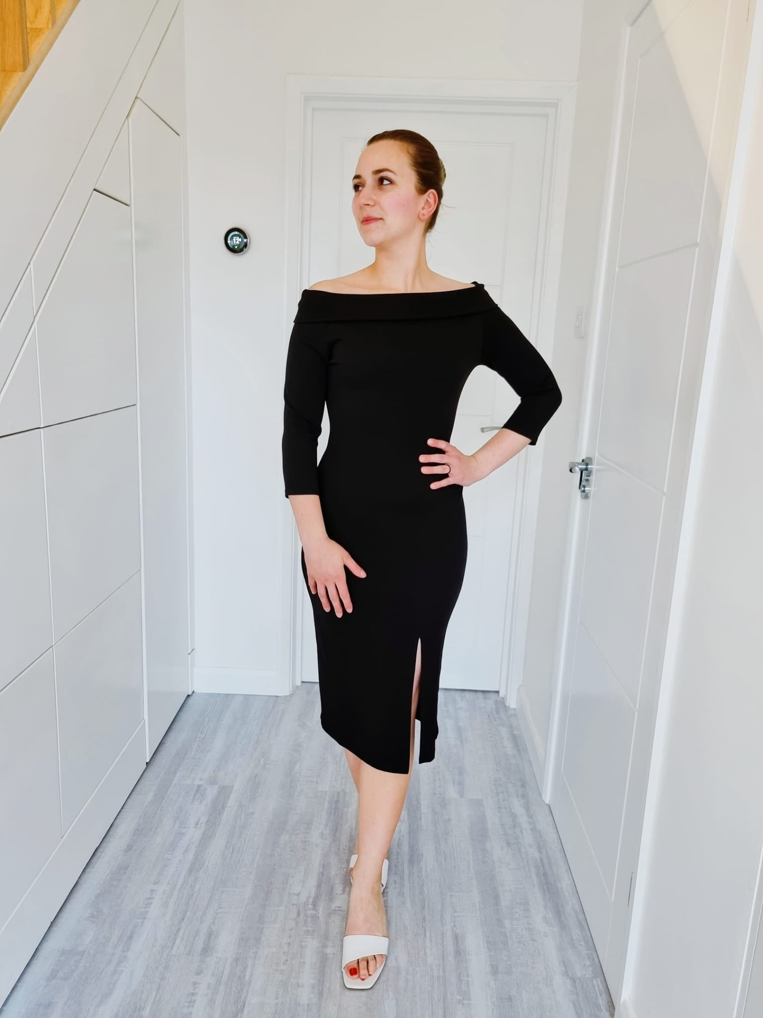 Orlando Bardot Long Sleeve Bodycon Midi Dress With Front Split In Blac Love Orlando Bardot Long Sleeve Bodycon Midi Dress With Front Split In Blac Love