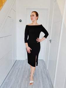 Orlando Bardot Long Sleeve Bodycon Midi Dress With Front Split In Blac Love Orlando Bardot Long Sleeve Bodycon Midi Dress With Front Split In Blac Love