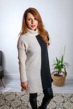 Load image into Gallery viewer, Bilbao Block Knit Long Sleeve Roll Neck Dress In Black and Cream
