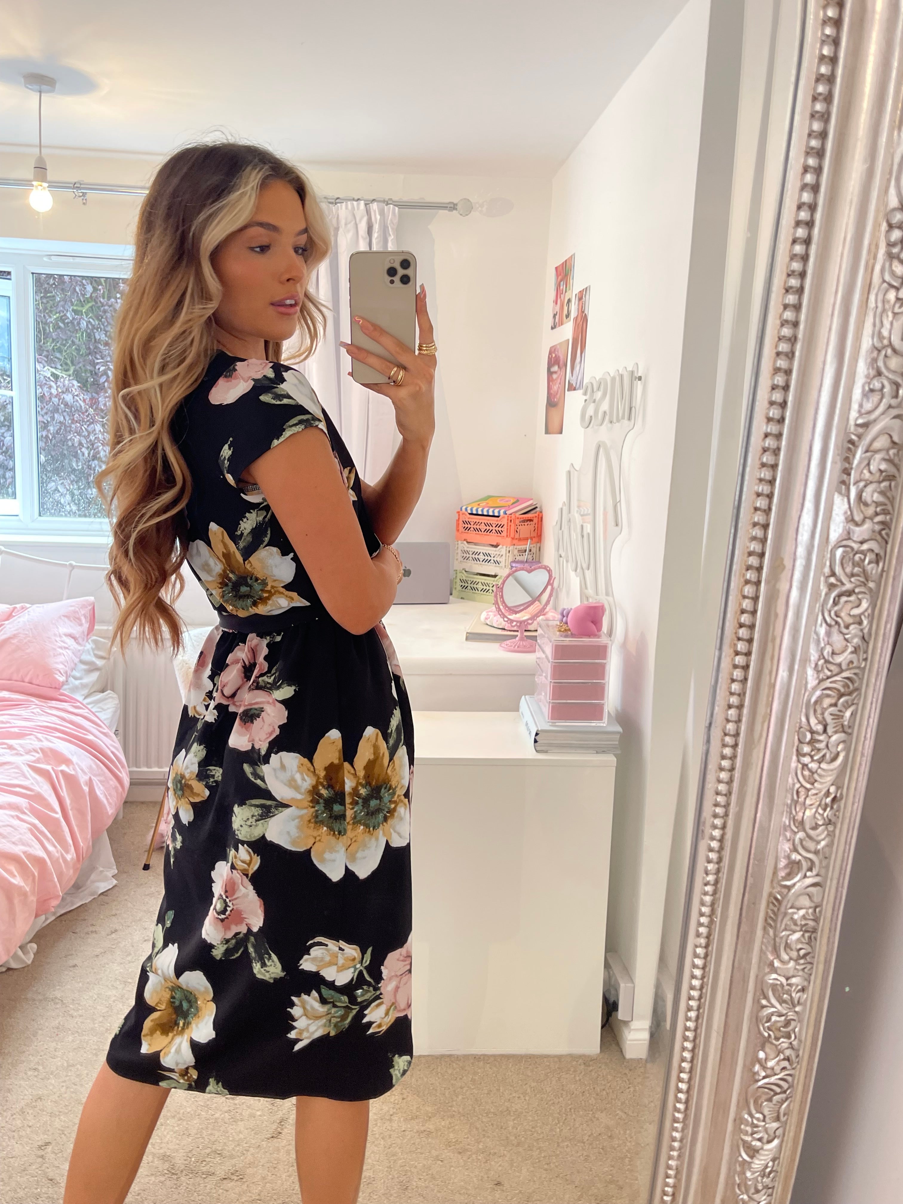 Japan Black Floral Summer Wrap Style Midi Dress
