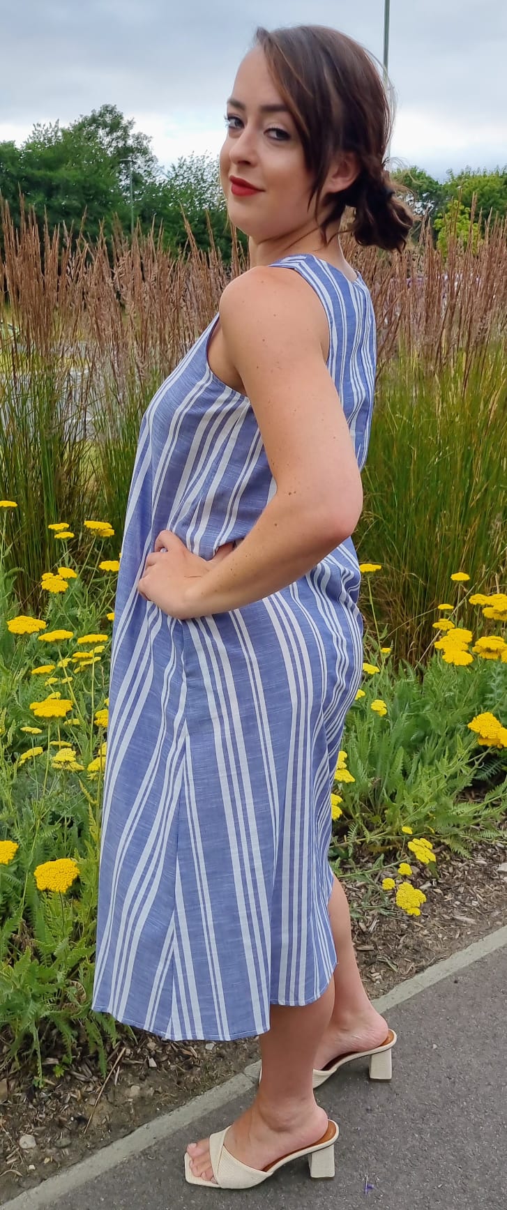 linen dresses miami Miami Linen Midi Relaxed Fit Summer Shift Dress in White and Blue Stri Love