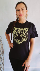 Gold Glitter Tiger Animal Logo Tee In Black