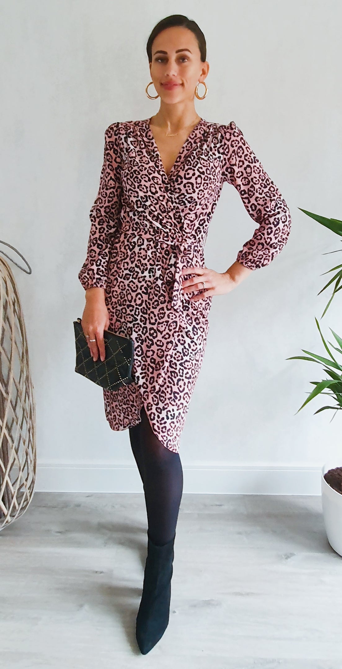 Nairobi Midi Long Sleeve Wrap Dress In Pink Leopard Love Nairobi Midi Long Sleeve Wrap Dress In Pink Leopard Love