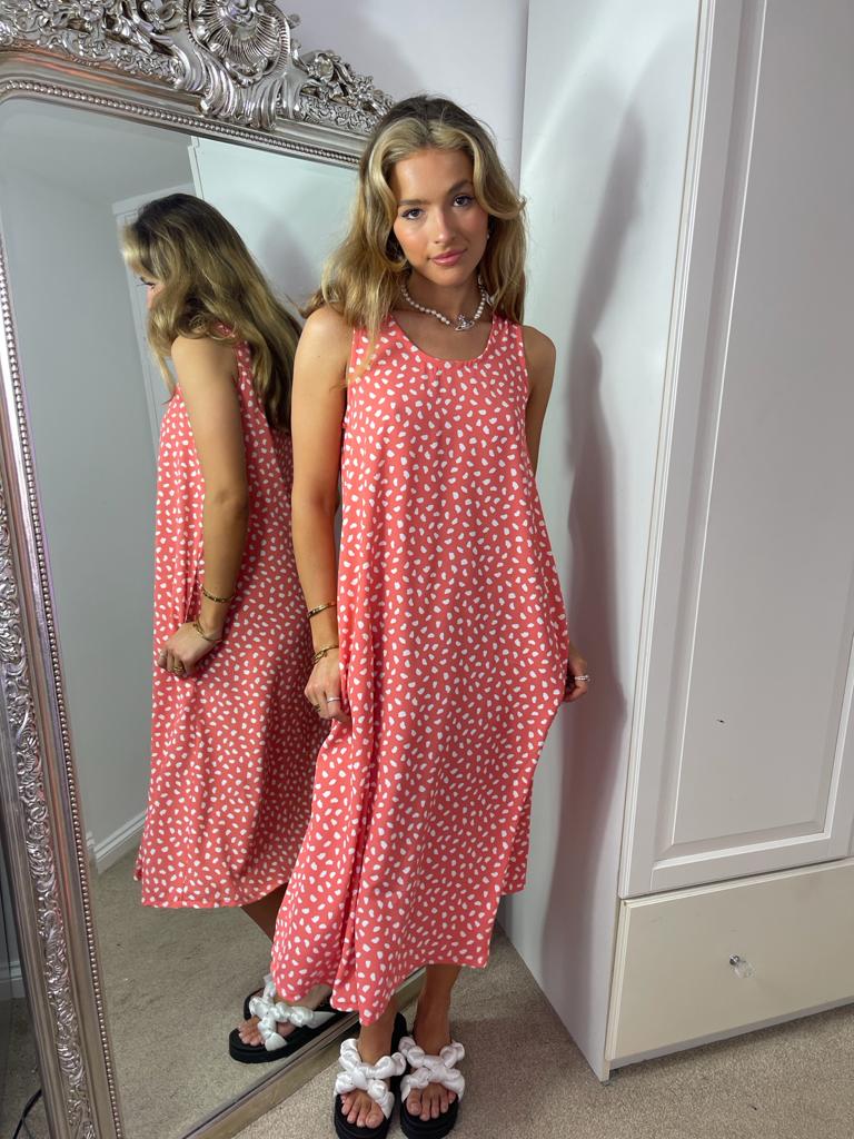 Relaxed Fit Midi Summer Dress In Coral Spot