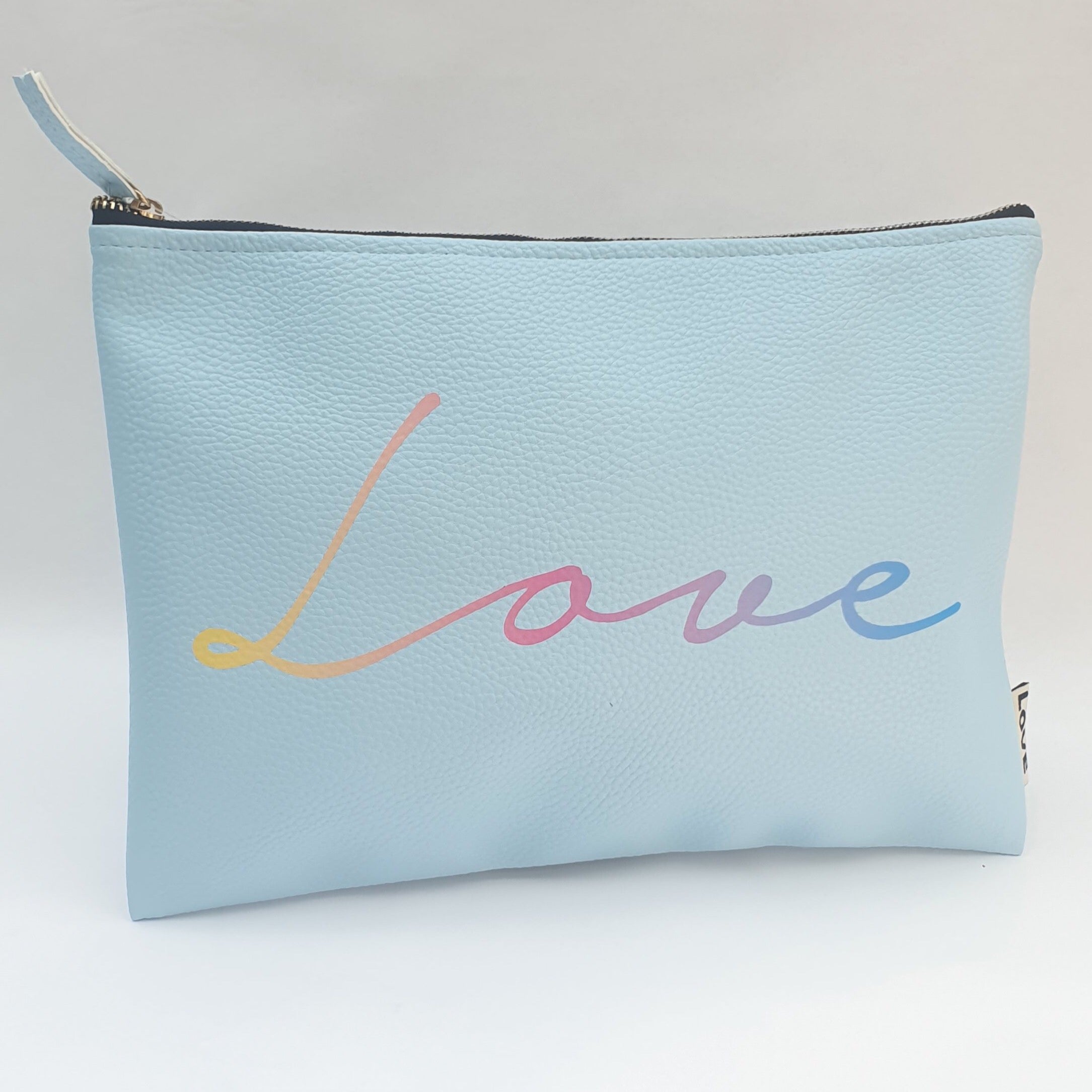 Love Script Rainbow Zip Make Up Bag In Pastel Blue