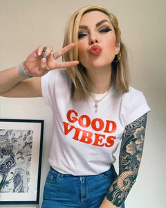 Red Good Vibes Slogan Tee In White