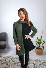 Load image into Gallery viewer, Bilbao Block Knit Long Sleeve Roll Neck Dress In Black and Khaki
