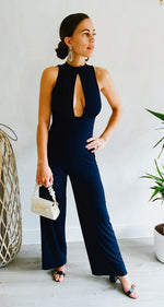 Load image into Gallery viewer, Wide Leg Keyhole Front Fleabag Jumpsuit in Navy
