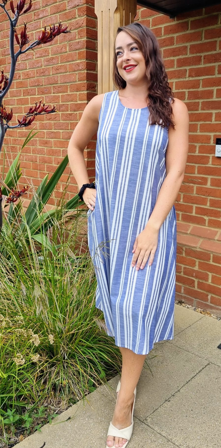 Miami Linen Midi Relaxed Fit Summer Shift Dress in White and Blue Stri Love Miami Linen Midi Relaxed Fit Summer Shift Dress in White and Blue Stri Love