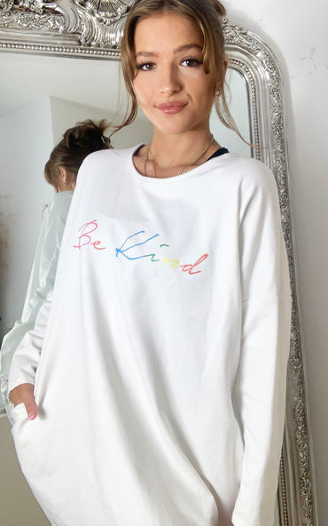 Be Kind Oversized Rainbow Slogan Sweatshirt In Cream