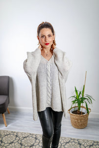 Carpi V Neck Cable Knit Jumper In Grey