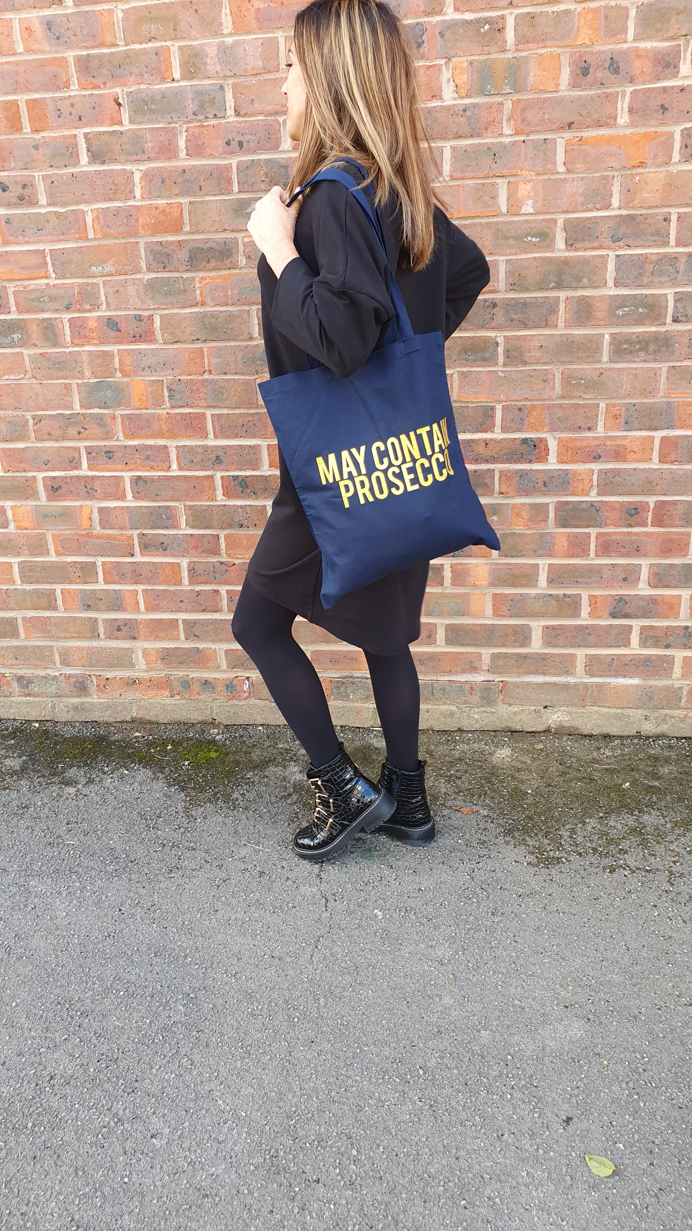 May Contain Prosecco Glitter Tote Bag In Navy