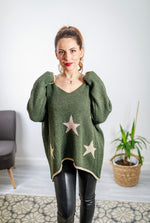 Carica l&#39;immagine nel visualizzatore di Gallery, Aurora Slouch Star V Neck Knit In Khaki
