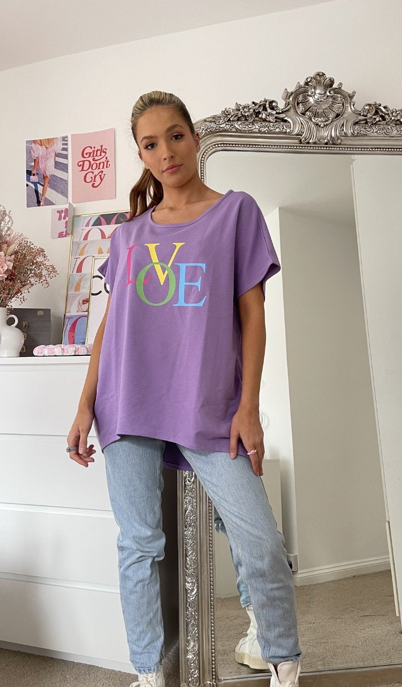 Bright Love Slogan Oversized Short Sleeve Sweatshirt In Lilac