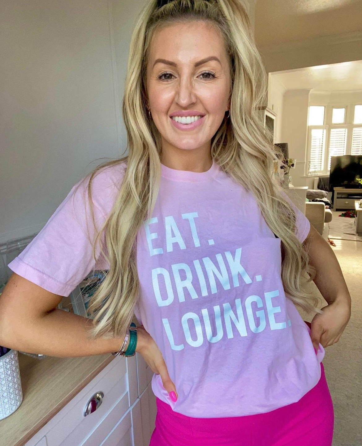 Eat Drink Lounge Slogan Tee In Pink With White Font
