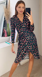 Cargar imagen en el visor de la galería, Glendale Jersey Long Sleeve Midi Wrap Dress In Green and Pink Leopard Print
