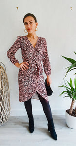 Nairobi Midi Long Sleeve Wrap Dress In Pink Leopard