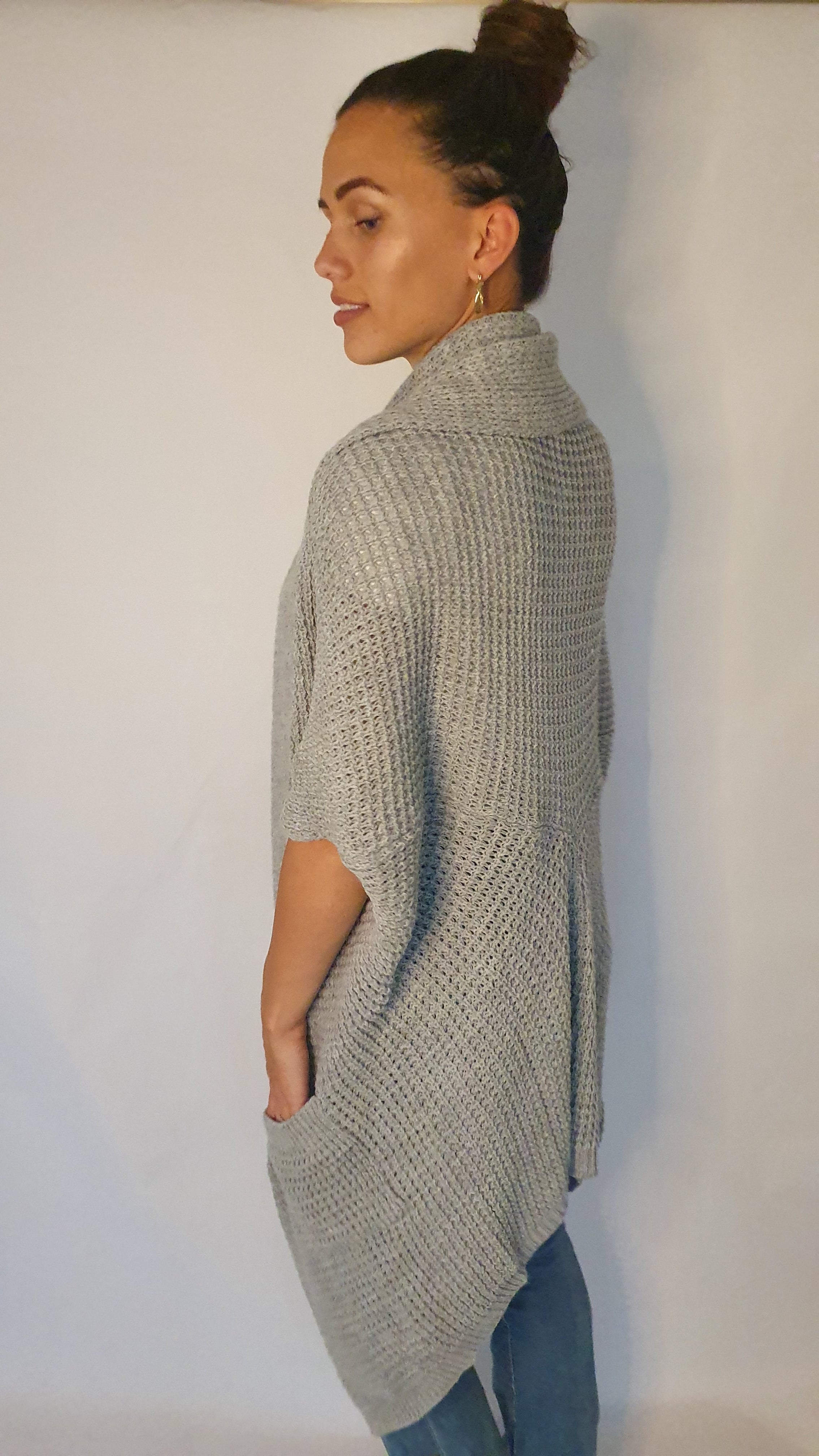 Laval Longline Roll Front Slouch Knit Cardigan In Grey