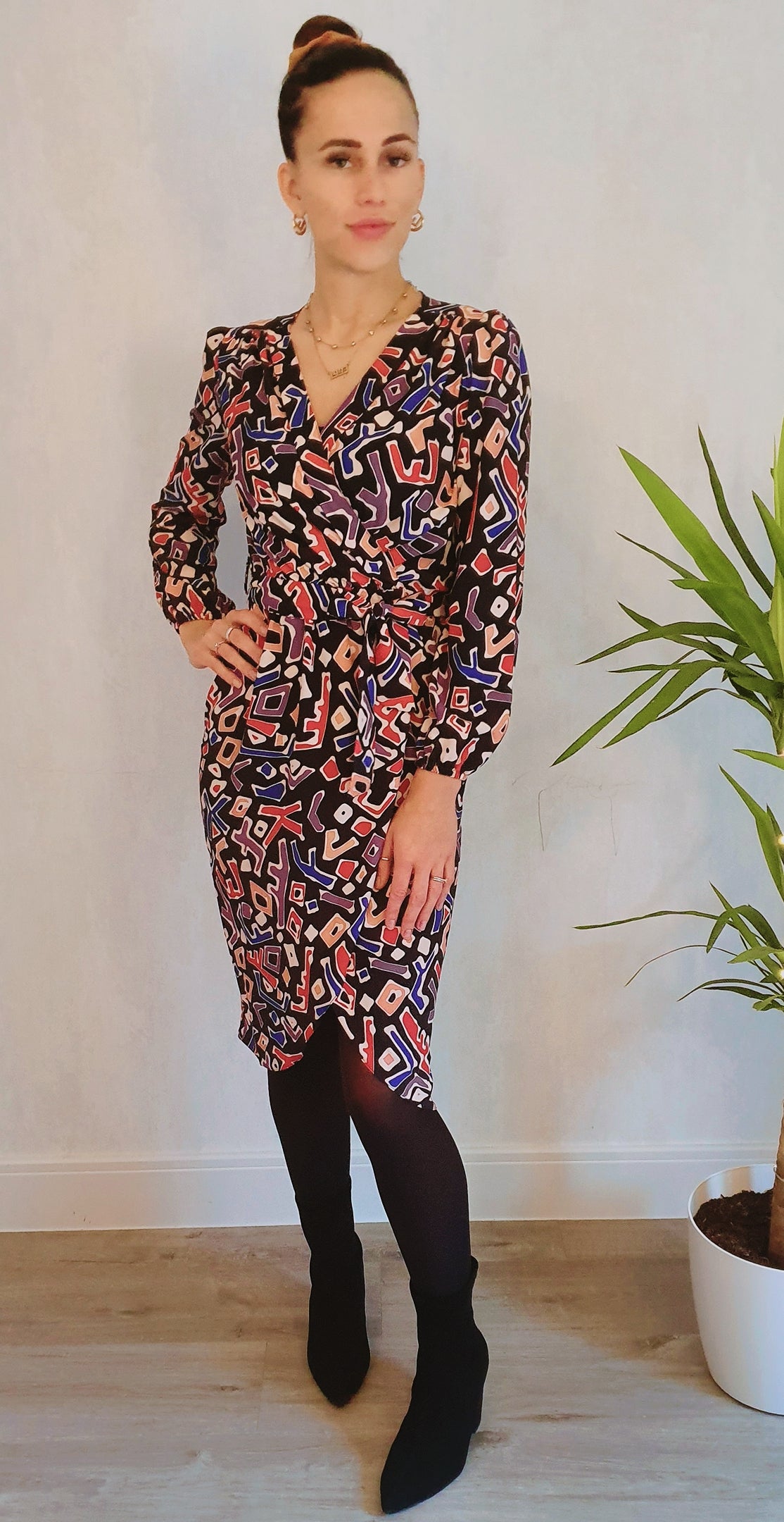 Mykonos Midi Long Sleeve Wrap Style Dress In Abstract Print