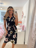 Carica l&#39;immagine nel visualizzatore di Gallery, Japan Black Floral Summer Wrap Style Midi Dress
