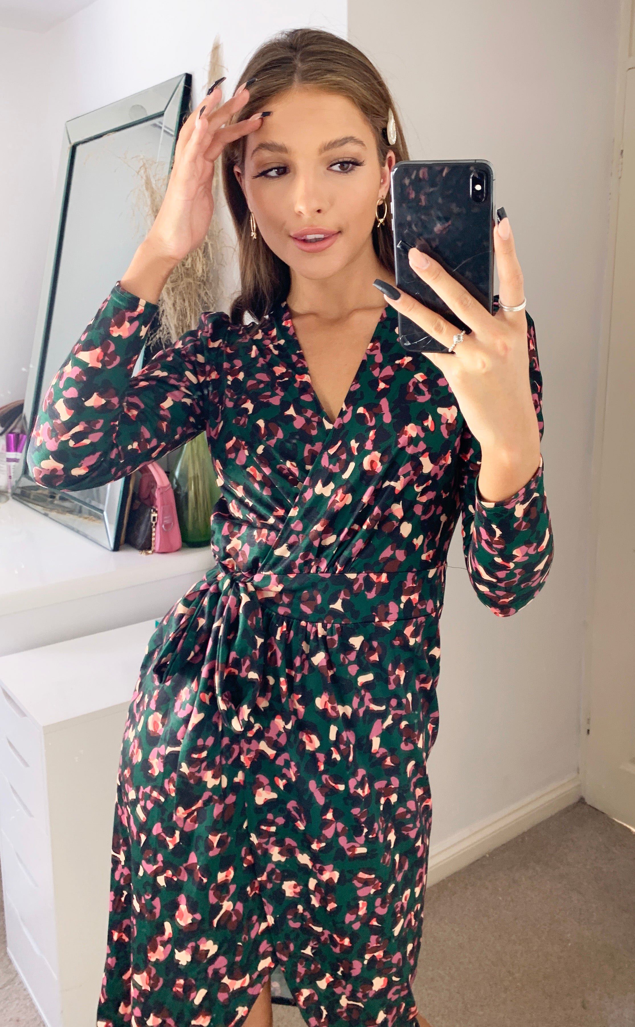 Glendale Jersey Long Sleeve Midi Wrap Dress In Green and Pink Leopard Love Glendale Jersey Long Sleeve Midi Wrap Dress In Green and Pink Leopard Love