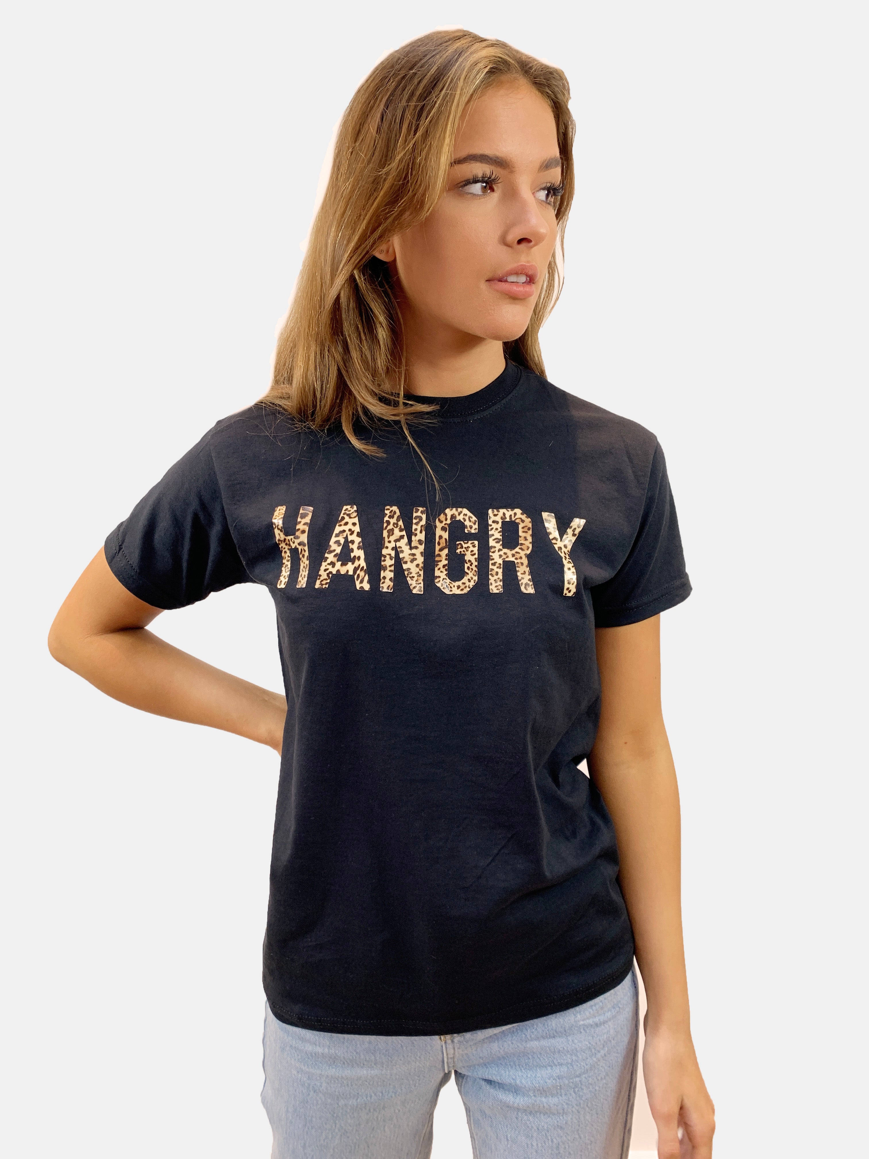 Hangry Leopard Slogan T-shirt in Black