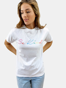 White Loungewear Tshirt With Be Kind Rainbow Slogan