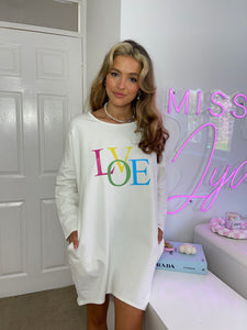 Bright Love Slogan Sweat Dress In Ivory