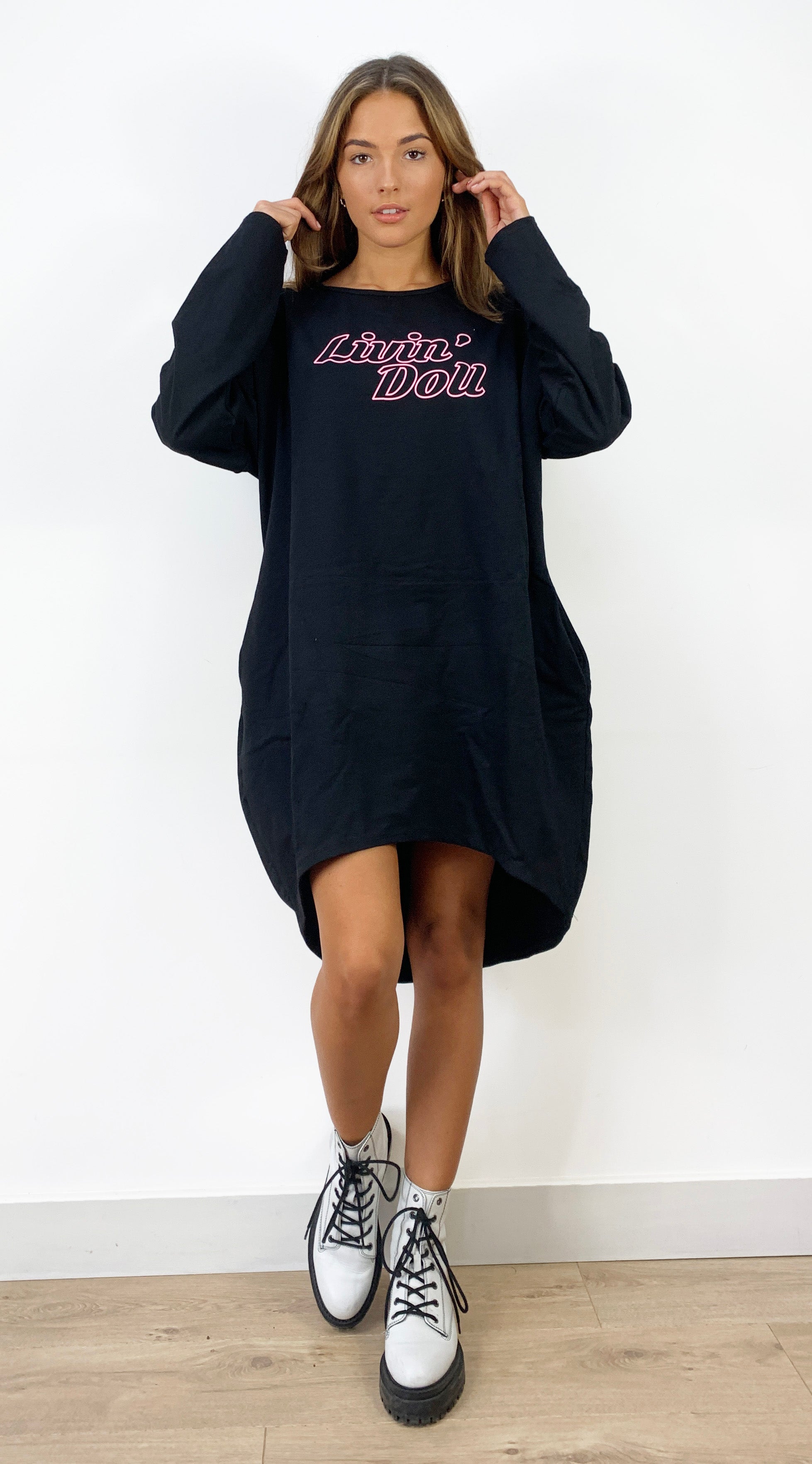 Livin' Doll Oversized Sweatshirt Dress In Black